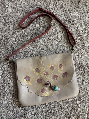 Rossymina boho Hand-Painted Peacock Feather Crossbody Bag genuine leather